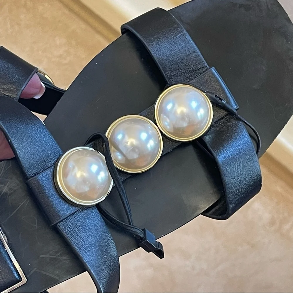 Zara Pearl Flat Sandals Black leather white pearls golden hardware SZ EU 41 - Picture 12 of 15